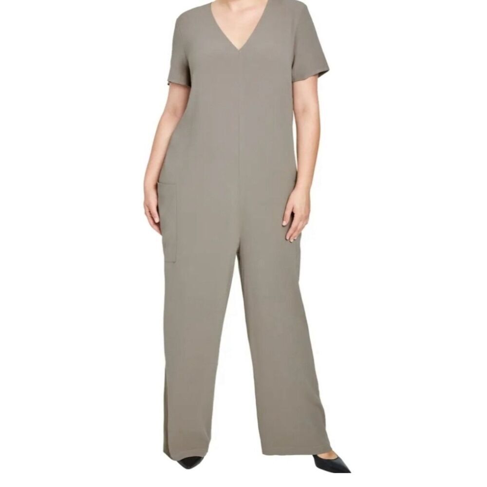 Universal standard enza v-neck wide leg jumpsuit beige size large 22/24
